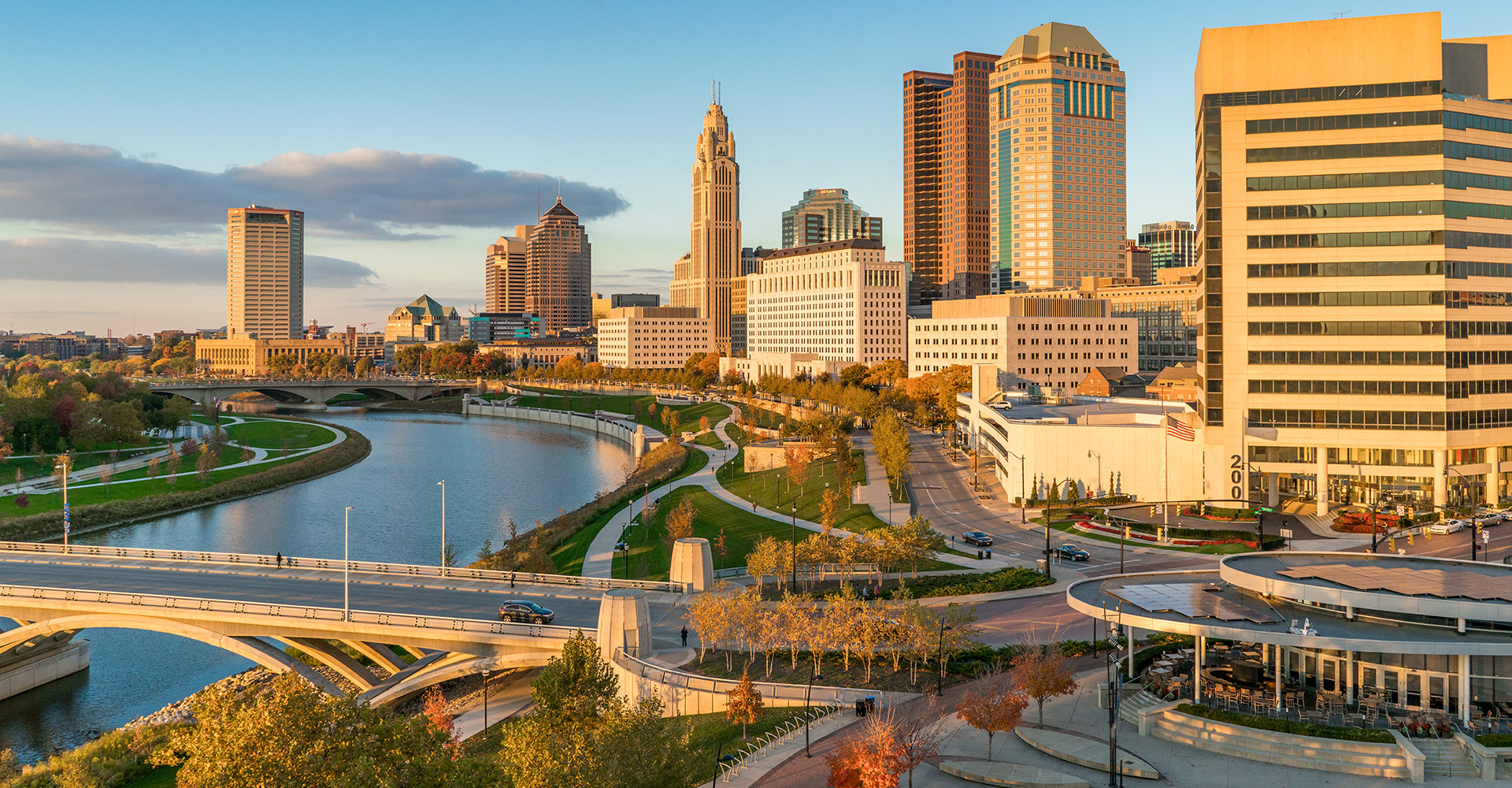 Drone photo of Columbus skyline